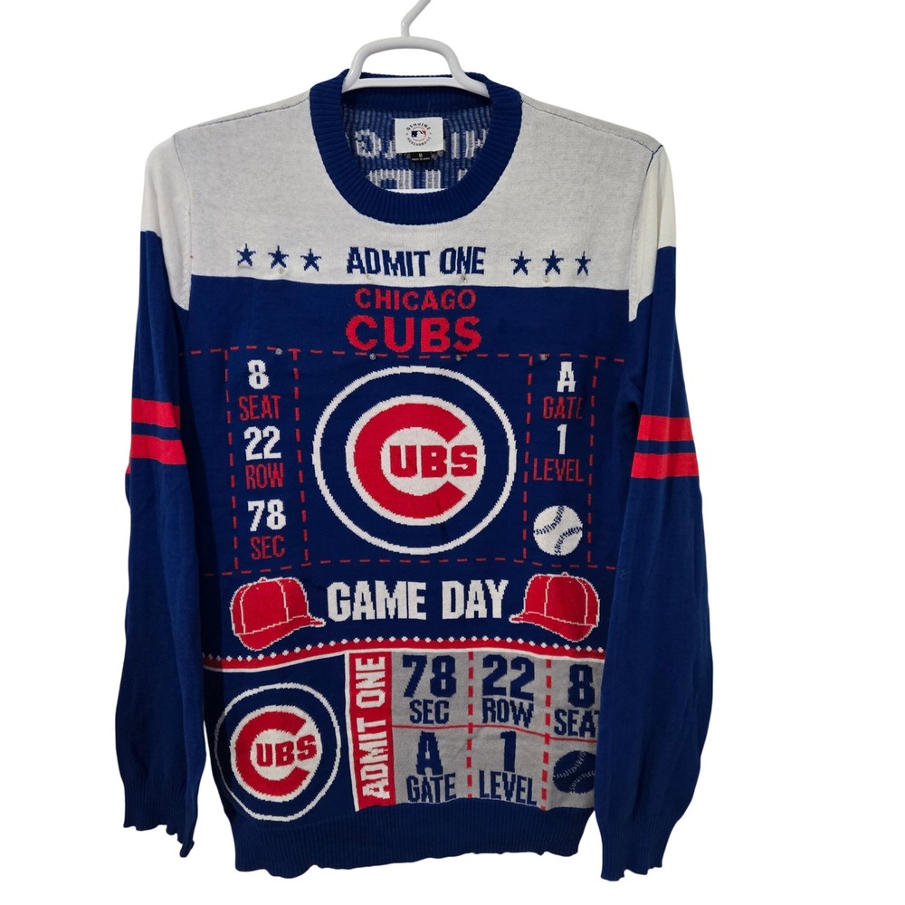 MLB Chicago Cubs Sweater Mens Medium Blue Red Game‎ Day Ticket Graphic Rare